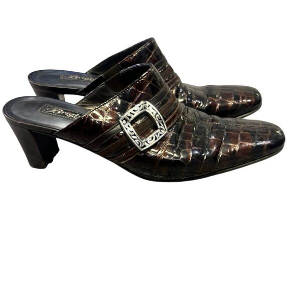 Brighton Tudor Heels Size 7.5 Brown Croc Embossed Slip-On Mules Made in Italy - Picture 1 of 10